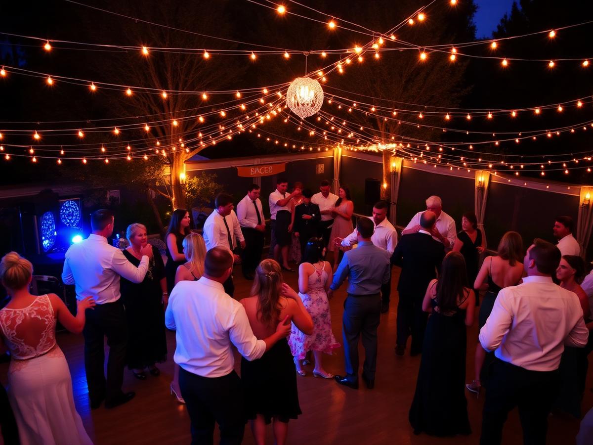 Festa di matrimonio all'aperto con luci calde e ospiti che ballano